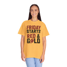Load image into Gallery viewer, Friday Starts with Red & Gold Unisex T-Shirt | Casual Wear, Game Day Shirt, Sports Apparel, Comfortable Everyday Tee