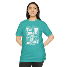 Load image into Gallery viewer, Protein Shakes and Questionable Life Choices T-Shirt - Funny Gym Workout Tee