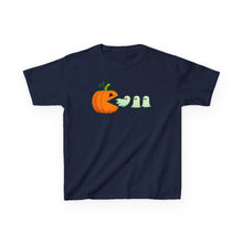 Load image into Gallery viewer, Kids Halloween Tee - Spooky Jack-O'-Lantern and Ghosts Design, PacMan style eating ghosts, Boys and Girls shirt, Fun Halloween tee