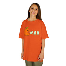 Load image into Gallery viewer, Kids Halloween Tee - Spooky Jack-O'-Lantern and Ghosts Design, PacMan style eating ghosts, Boys and Girls shirt, Fun Halloween tee