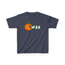 Load image into Gallery viewer, Kids Halloween Tee - Spooky Jack-O'-Lantern and Ghosts Design, PacMan style eating ghosts, Boys and Girls shirt, Fun Halloween tee