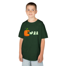 Load image into Gallery viewer, Kids Halloween Tee - Spooky Jack-O'-Lantern and Ghosts Design, PacMan style eating ghosts, Boys and Girls shirt, Fun Halloween tee