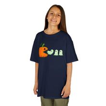 Load image into Gallery viewer, Kids Halloween Tee - Spooky Jack-O'-Lantern and Ghosts Design, PacMan style eating ghosts, Boys and Girls shirt, Fun Halloween tee