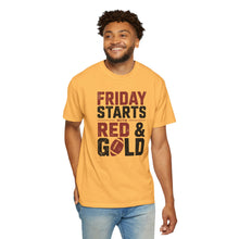 Load image into Gallery viewer, Friday Starts with Red & Gold Unisex T-Shirt | Casual Wear, Game Day Shirt, Sports Apparel, Comfortable Everyday Tee