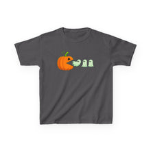 Load image into Gallery viewer, Kids Halloween Tee - Spooky Jack-O'-Lantern and Ghosts Design, PacMan style eating ghosts, Boys and Girls shirt, Fun Halloween tee