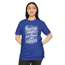Load image into Gallery viewer, Protein Shakes and Questionable Life Choices T-Shirt - Funny Gym Workout Tee