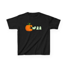 Load image into Gallery viewer, Kids Halloween Tee - Spooky Jack-O'-Lantern and Ghosts Design, PacMan style eating ghosts, Boys and Girls shirt, Fun Halloween tee