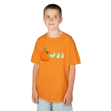 Load image into Gallery viewer, Kids Halloween Tee - Spooky Jack-O'-Lantern and Ghosts Design, PacMan style eating ghosts, Boys and Girls shirt, Fun Halloween tee