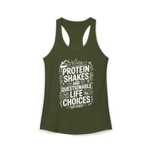 Load image into Gallery viewer, Women's Racerback Tank — "Protein Shakes and Questionable Life Choices" Fitness Tank