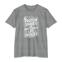 Load image into Gallery viewer, Protein Shakes and Questionable Life Choices T-Shirt - Funny Gym Workout Tee