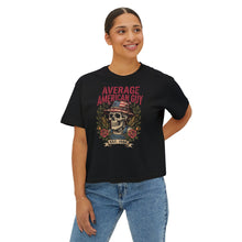 Load image into Gallery viewer, Women's Boxy "Average American Guy" Skull Tee - Vintage Patriotic Graphic T‑Shirt (Est. 1986)