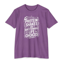 Load image into Gallery viewer, Protein Shakes and Questionable Life Choices T-Shirt - Funny Gym Workout Tee