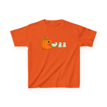 Load image into Gallery viewer, Kids Halloween Tee - Spooky Jack-O'-Lantern and Ghosts Design, PacMan style eating ghosts, Boys and Girls shirt, Fun Halloween tee