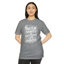 Load image into Gallery viewer, Protein Shakes and Questionable Life Choices T-Shirt - Funny Gym Workout Tee