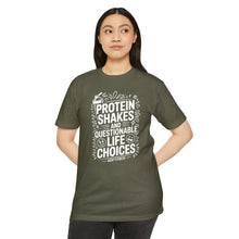 Load image into Gallery viewer, Protein Shakes and Questionable Life Choices T-Shirt - Funny Gym Workout Tee