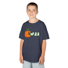 Load image into Gallery viewer, Kids Halloween Tee - Spooky Jack-O'-Lantern and Ghosts Design, PacMan style eating ghosts, Boys and Girls shirt, Fun Halloween tee