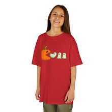 Load image into Gallery viewer, Kids Halloween Tee - Spooky Jack-O'-Lantern and Ghosts Design, PacMan style eating ghosts, Boys and Girls shirt, Fun Halloween tee