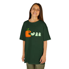 Load image into Gallery viewer, Kids Halloween Tee - Spooky Jack-O&#39;-Lantern and Ghosts Design, PacMan style eating ghosts, Boys and Girls shirt, Fun Halloween tee
