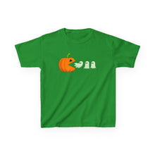 Load image into Gallery viewer, Kids Halloween Tee - Spooky Jack-O&#39;-Lantern and Ghosts Design, PacMan style eating ghosts, Boys and Girls shirt, Fun Halloween tee

