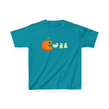 Load image into Gallery viewer, Kids Halloween Tee - Spooky Jack-O&#39;-Lantern and Ghosts Design, PacMan style eating ghosts, Boys and Girls shirt, Fun Halloween tee
