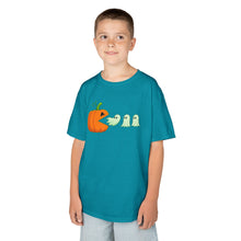 Load image into Gallery viewer, Kids Halloween Tee - Spooky Jack-O&#39;-Lantern and Ghosts Design, PacMan style eating ghosts, Boys and Girls shirt, Fun Halloween tee
