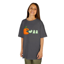 Load image into Gallery viewer, Kids Halloween Tee - Spooky Jack-O&#39;-Lantern and Ghosts Design, PacMan style eating ghosts, Boys and Girls shirt, Fun Halloween tee
