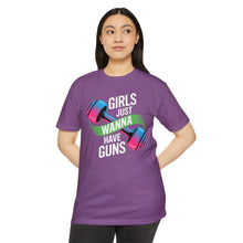 Load image into Gallery viewer, Girls Just Wanna Have Guns Unisex CVC Jersey T-Shirt, Fitness Apparel, Workout Shirt, Gift for Gym Lovers, Motivational Tee
