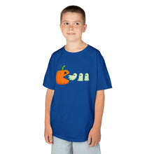 Load image into Gallery viewer, Kids Halloween Tee - Spooky Jack-O&#39;-Lantern and Ghosts Design, PacMan style eating ghosts, Boys and Girls shirt, Fun Halloween tee
