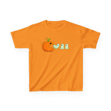 Load image into Gallery viewer, Kids Halloween Tee - Spooky Jack-O&#39;-Lantern and Ghosts Design, PacMan style eating ghosts, Boys and Girls shirt, Fun Halloween tee
