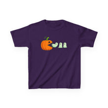 Load image into Gallery viewer, Kids Halloween Tee - Spooky Jack-O&#39;-Lantern and Ghosts Design, PacMan style eating ghosts, Boys and Girls shirt, Fun Halloween tee
