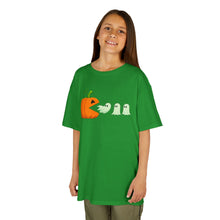 Load image into Gallery viewer, Kids Halloween Tee - Spooky Jack-O&#39;-Lantern and Ghosts Design, PacMan style eating ghosts, Boys and Girls shirt, Fun Halloween tee
