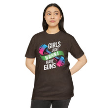 Load image into Gallery viewer, Girls Just Wanna Have Guns Unisex CVC Jersey T-Shirt, Fitness Apparel, Workout Shirt, Gift for Gym Lovers, Motivational Tee
