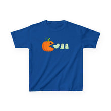 Load image into Gallery viewer, Kids Halloween Tee - Spooky Jack-O&#39;-Lantern and Ghosts Design, PacMan style eating ghosts, Boys and Girls shirt, Fun Halloween tee
