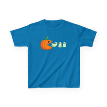 Load image into Gallery viewer, Kids Halloween Tee - Spooky Jack-O&#39;-Lantern and Ghosts Design, PacMan style eating ghosts, Boys and Girls shirt, Fun Halloween tee
