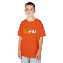 Load image into Gallery viewer, Kids Halloween Tee - Spooky Jack-O&#39;-Lantern and Ghosts Design, PacMan style eating ghosts, Boys and Girls shirt, Fun Halloween tee
