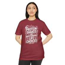 Load image into Gallery viewer, Protein Shakes and Questionable Life Choices T-Shirt - Funny Gym Workout Tee
