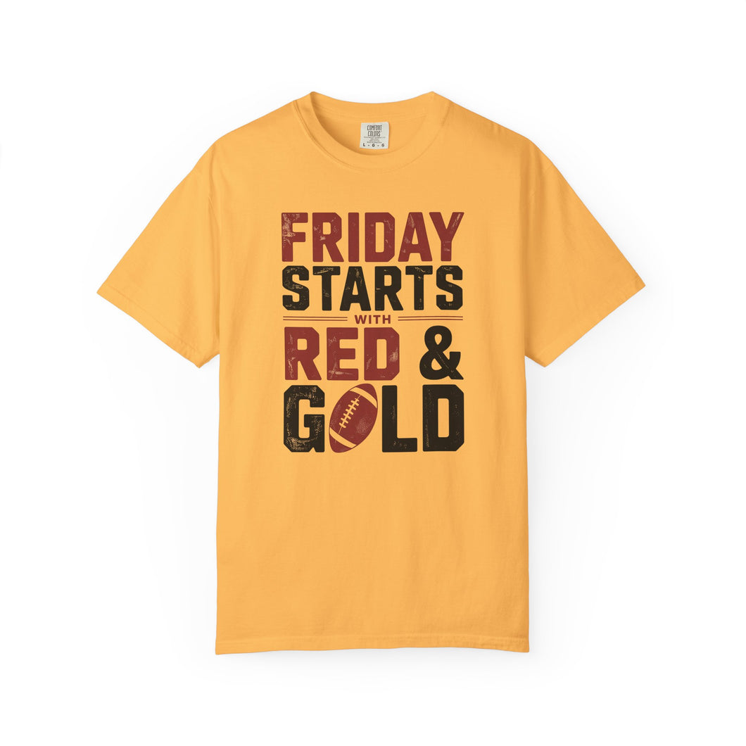 Friday Starts with Red & Gold Unisex T-Shirt | Casual Wear, Game Day Shirt, Sports Apparel, Comfortable Everyday Tee