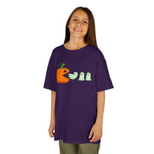 Load image into Gallery viewer, Kids Halloween Tee - Spooky Jack-O&#39;-Lantern and Ghosts Design, PacMan style eating ghosts, Boys and Girls shirt, Fun Halloween tee
