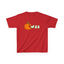 Load image into Gallery viewer, Kids Halloween Tee - Spooky Jack-O&#39;-Lantern and Ghosts Design, PacMan style eating ghosts, Boys and Girls shirt, Fun Halloween tee
