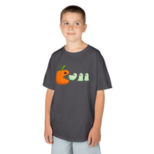 Load image into Gallery viewer, Kids Halloween Tee - Spooky Jack-O&#39;-Lantern and Ghosts Design, PacMan style eating ghosts, Boys and Girls shirt, Fun Halloween tee

