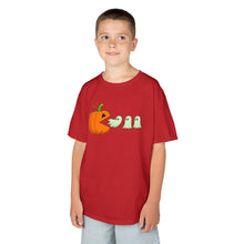 Load image into Gallery viewer, Kids Halloween Tee - Spooky Jack-O&#39;-Lantern and Ghosts Design, PacMan style eating ghosts, Boys and Girls shirt, Fun Halloween tee
