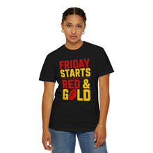 Load image into Gallery viewer, Friday Starts with Red &amp; Gold T-Shirt, Unisex Game Day Tee, College Football Shirt, Casual Wear, Sports Fan Apparel
