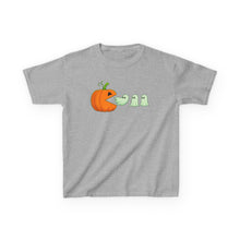Load image into Gallery viewer, Kids Halloween Tee - Spooky Jack-O&#39;-Lantern and Ghosts Design, PacMan style eating ghosts, Boys and Girls shirt, Fun Halloween tee
