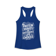Load image into Gallery viewer, Women's Racerback Tank — "Protein Shakes and Questionable Life Choices" Fitness Tank
