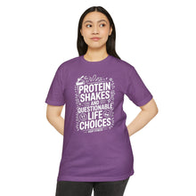 Load image into Gallery viewer, Protein Shakes and Questionable Life Choices T-Shirt - Funny Gym Workout Tee
