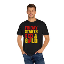 Load image into Gallery viewer, Friday Starts with Red &amp; Gold T-Shirt, Unisex Game Day Tee, College Football Shirt, Casual Wear, Sports Fan Apparel

