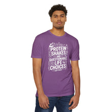 Load image into Gallery viewer, Protein Shakes and Questionable Life Choices T-Shirt - Funny Gym Workout Tee
