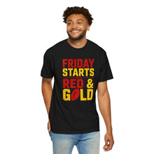 Load image into Gallery viewer, Friday Starts with Red &amp; Gold T-Shirt, Unisex Game Day Tee, College Football Shirt, Casual Wear, Sports Fan Apparel
