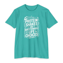 Load image into Gallery viewer, Protein Shakes and Questionable Life Choices T-Shirt - Funny Gym Workout Tee
