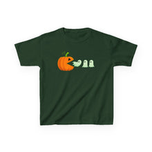 Load image into Gallery viewer, Kids Halloween Tee - Spooky Jack-O&#39;-Lantern and Ghosts Design, PacMan style eating ghosts, Boys and Girls shirt, Fun Halloween tee
